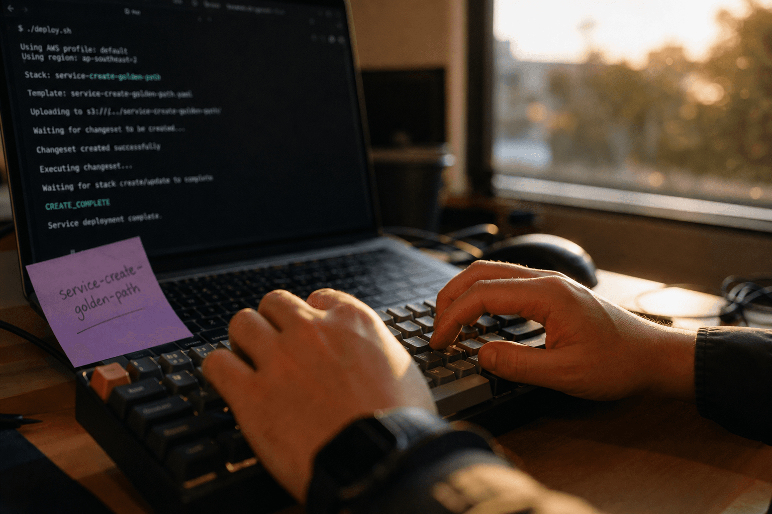 Close-up of a developer's hands typing on a keyboard in warm sunlight, with a laptop screen in the background showing a deployment script.