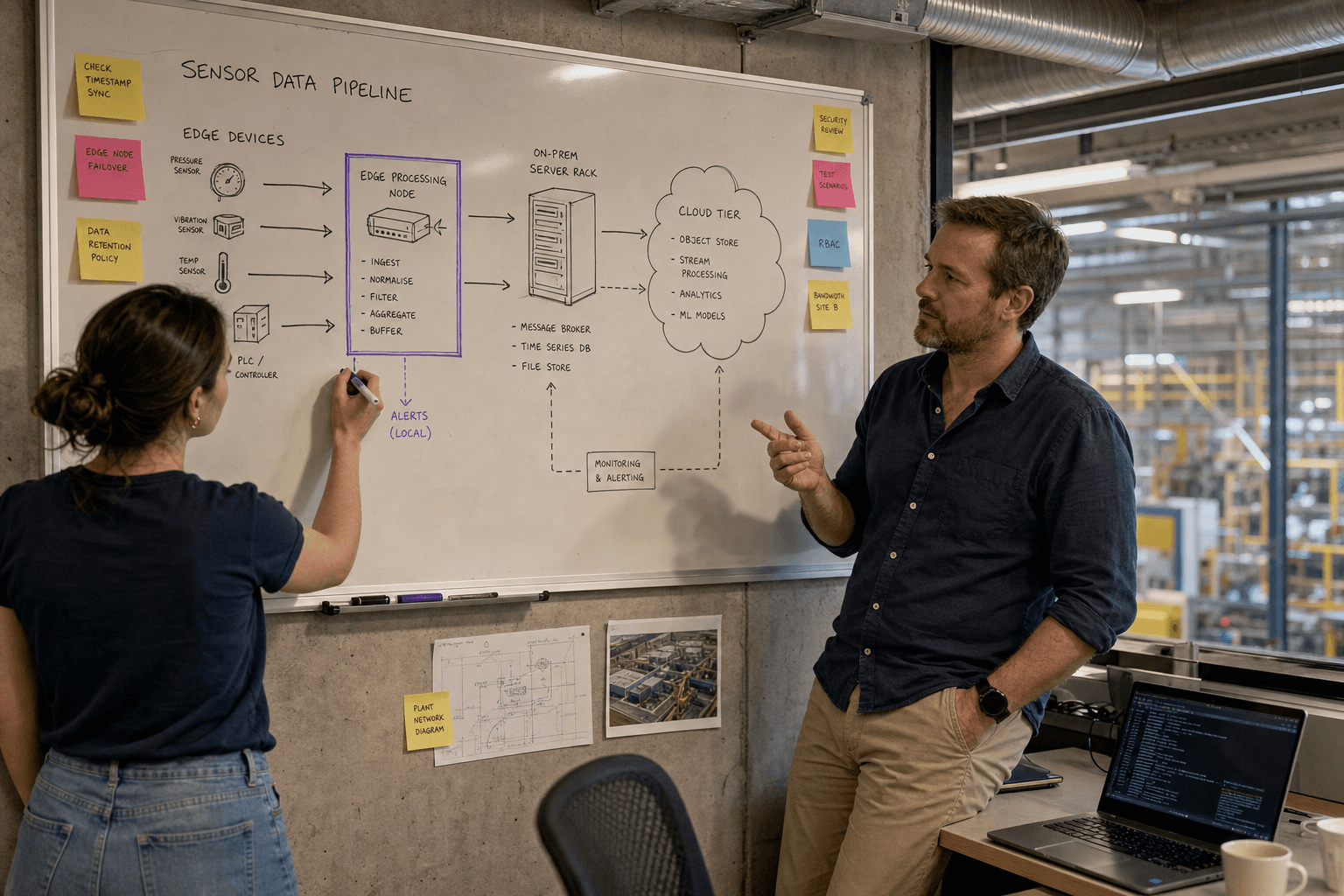 A data engineer draws a hand-sketched pipeline cross-section diagram on a whiteboard in a manufacturing plant office, highlighting the edge-processing node in purple marker, while a colleague leans against a nearby desk and gestures toward the diagram.