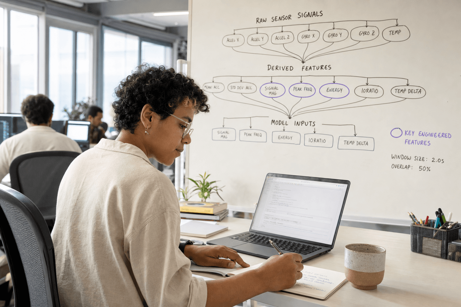 A non-binary engineer sits at a bright desk in an open-plan Australian office, working on a laptop beside a whiteboard showing a hand-drawn hierarchical node-and-edge diagram of sensor features, with violet circles highlighting key engineered feature nodes.