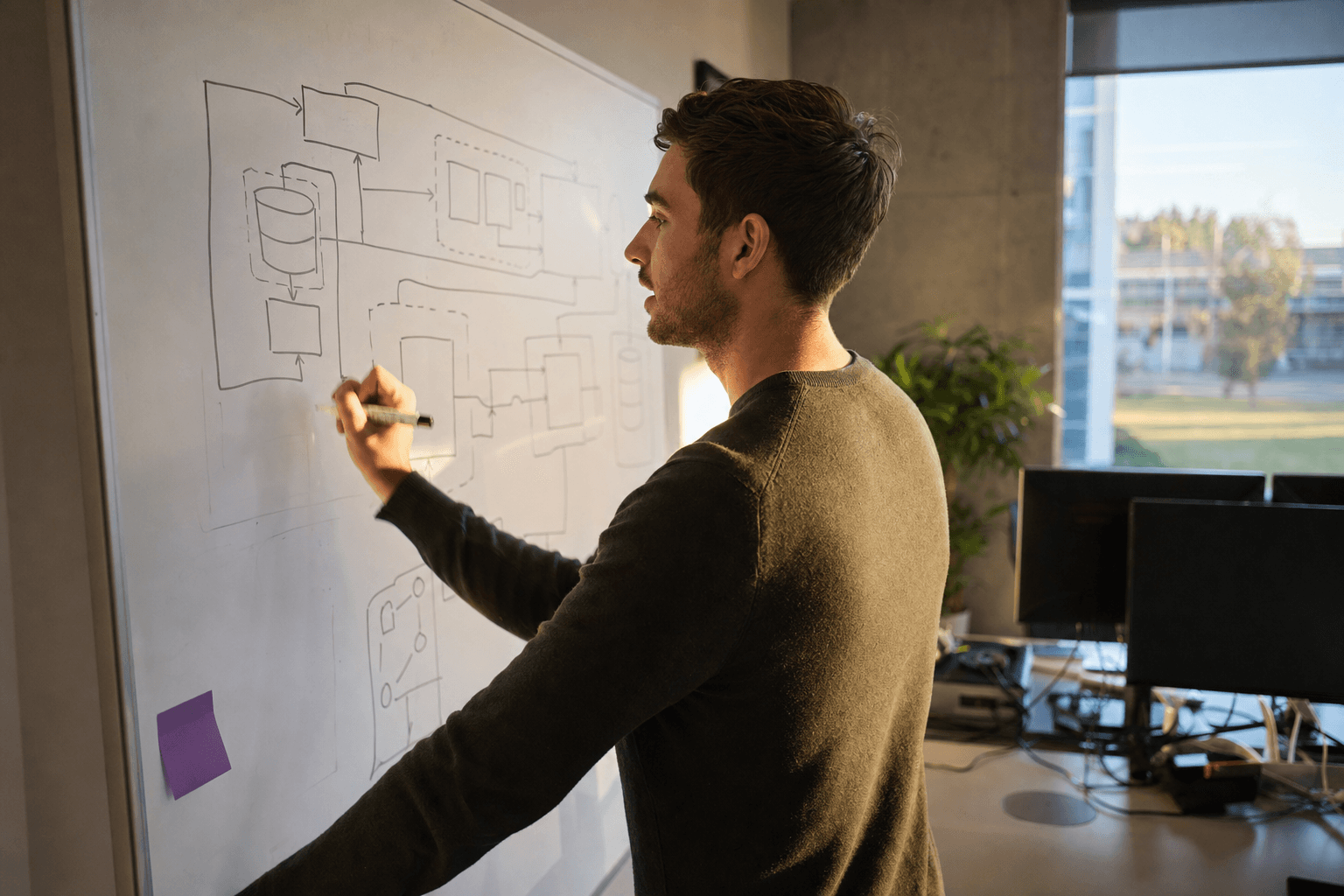 A male software engineer stands in side profile at a whiteboard covered in hand-drawn system architecture diagrams, marker in hand, in a warm golden-hour lit Australian tech office.