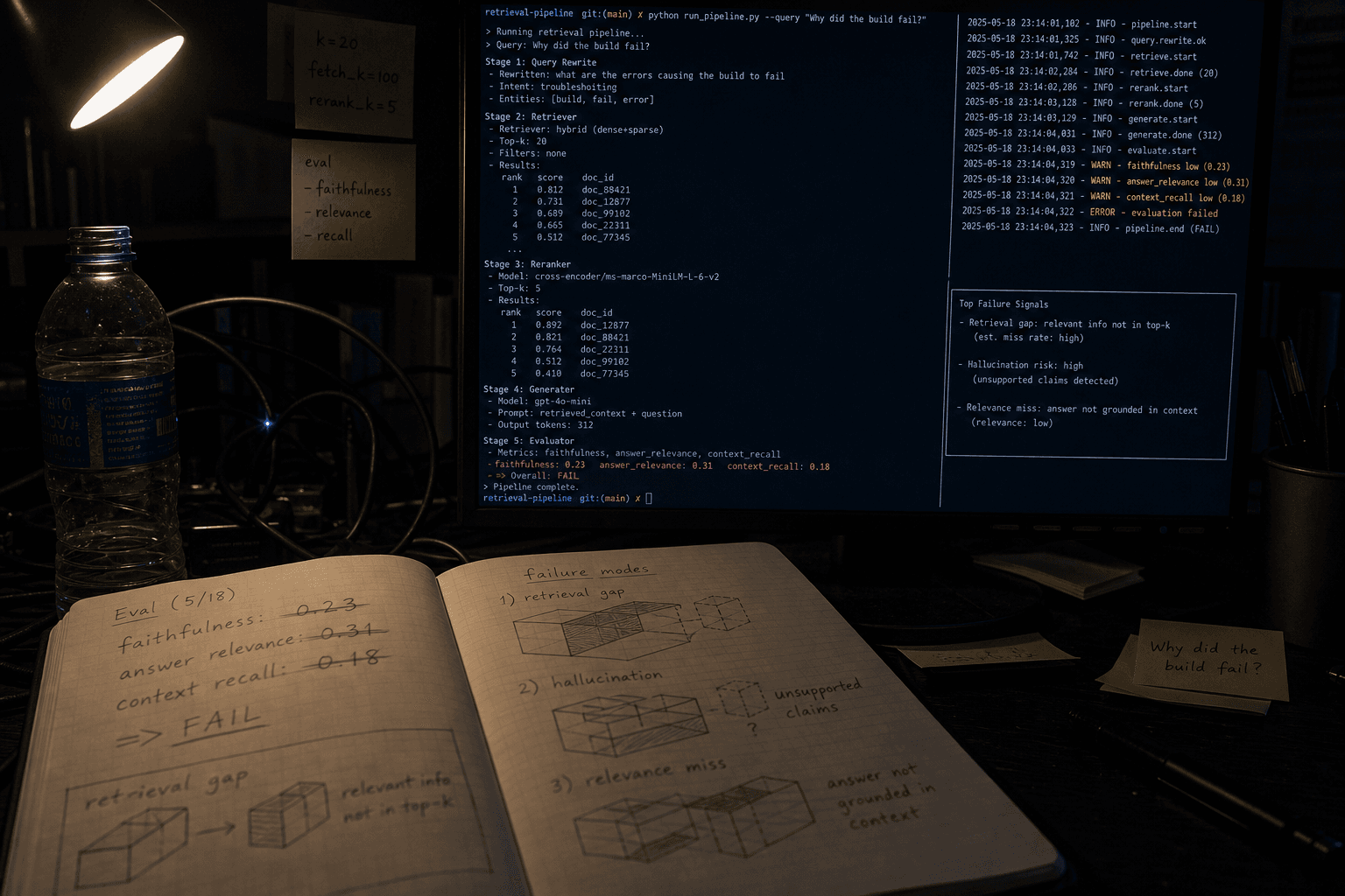 A close-up of an open engineering notebook showing crossed-out accuracy metrics and sketched isometric failure-mode diagrams, lit by a narrow desk lamp in a dark Australian office with a terminal monitor glowing in the background.