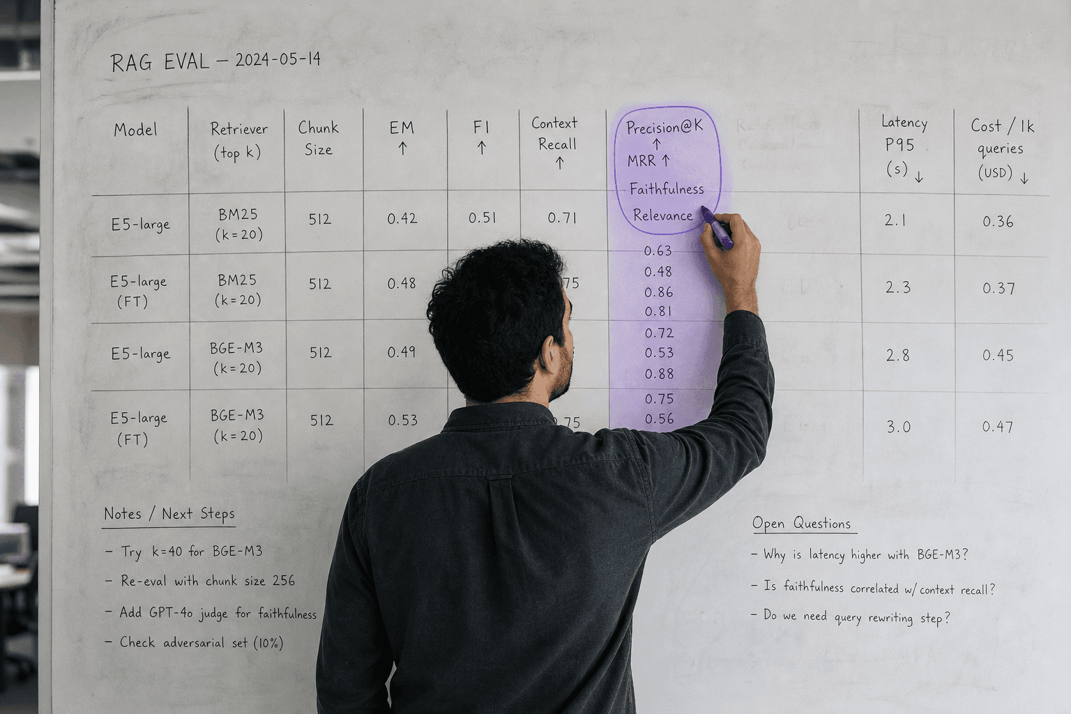 A male engineer stands centred in front of a large whiteboard covered in RAG evaluation metric names, reaching up to circle one item highlighted in violet, photographed flat and head-on in a naturally lit Australian office.