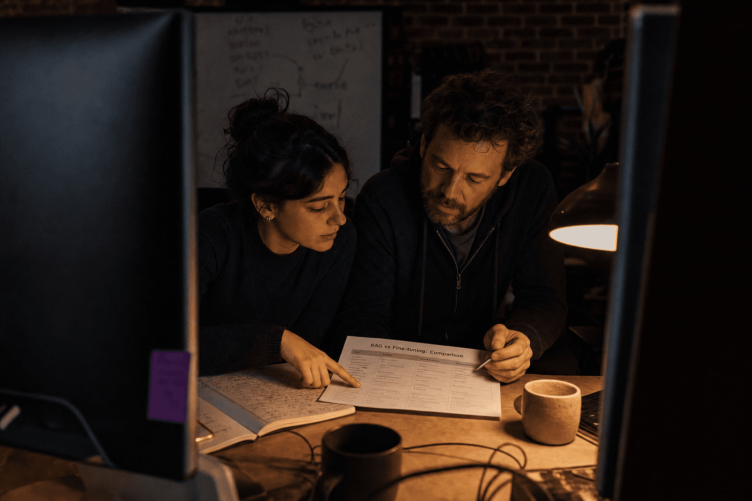 Two engineers seated at a bench in a dimly lit Australian tech office, framed between two monitor bezels, reviewing a printed comparison document by the warm glow of screen light and a tungsten task lamp.