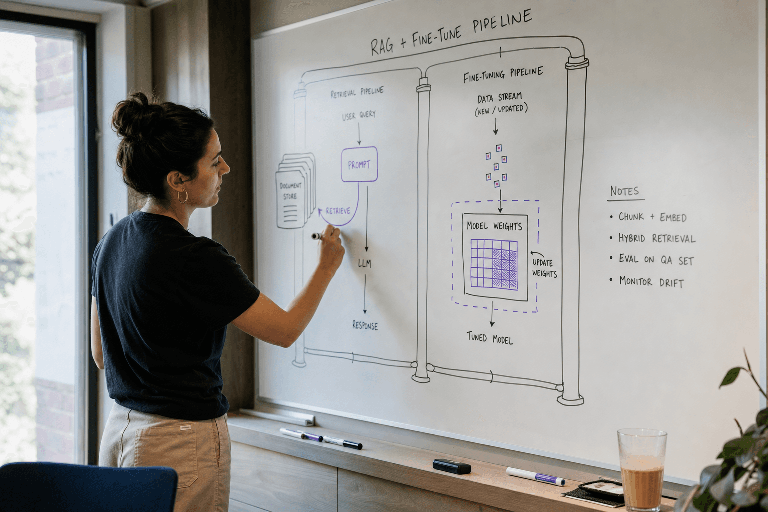 A female data engineer draws a cutaway system architecture diagram on a whiteboard in a sunlit Australian office meeting room, with one section highlighted in purple marker, a coffee cup resting on the ledge below.