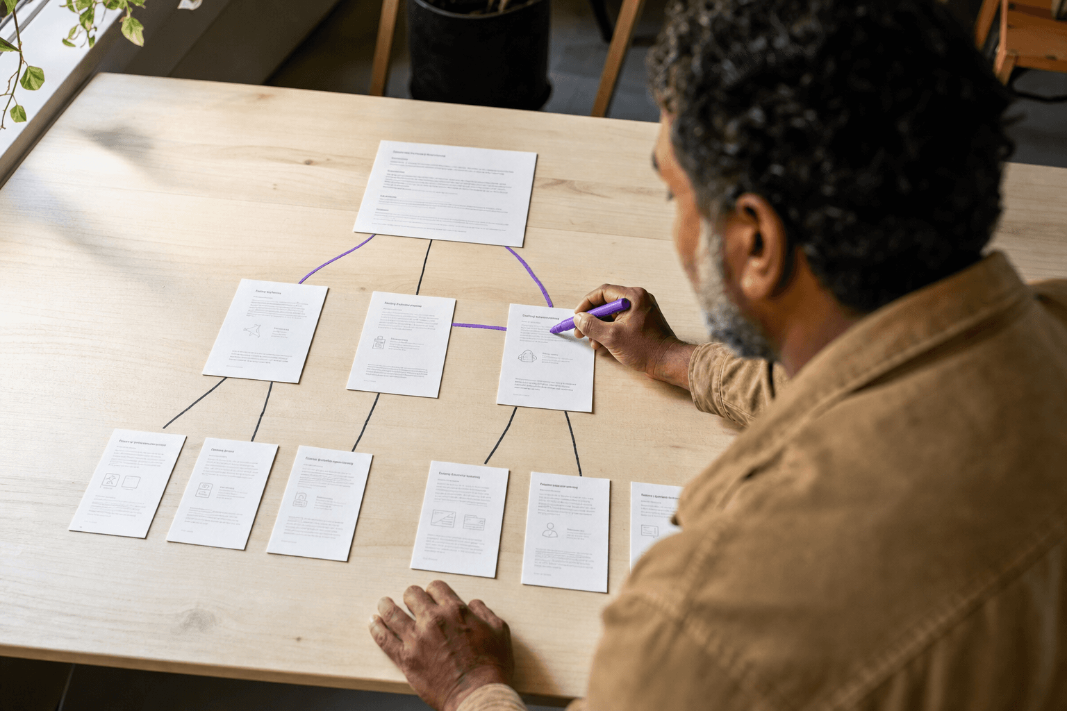 An engineer leans over a large wooden table in an Australian office, arranging printed document cards in a clear hierarchical layout connected by hand-drawn ink lines, with two edges highlighted in violet, lit by natural window light.