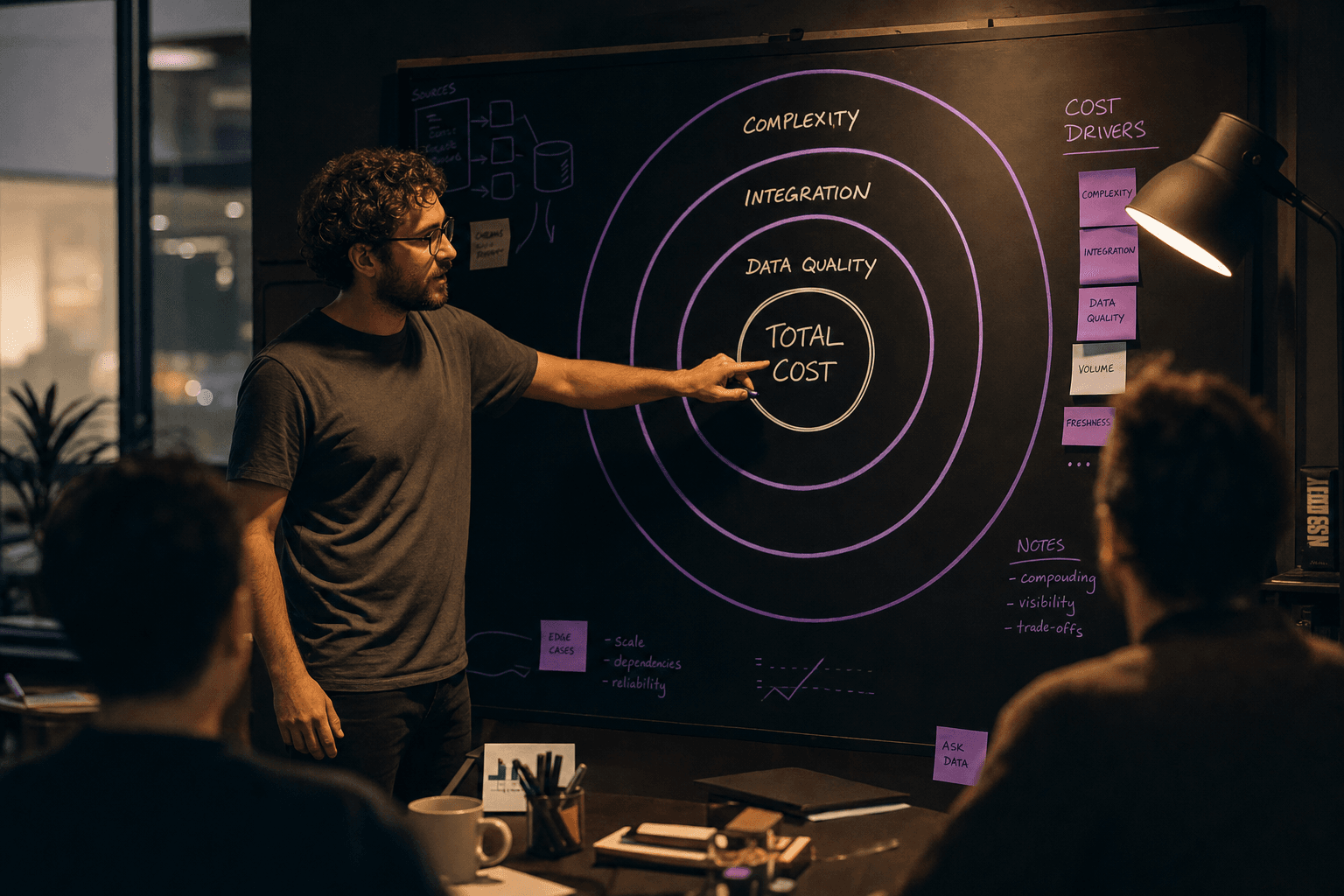 A male data engineer stands at a whiteboard in a dim Australian office at evening, pointing at a hand-drawn concentric diagram of AI cost variables, lit by a warm tungsten desk lamp with colleagues blurred in the background.