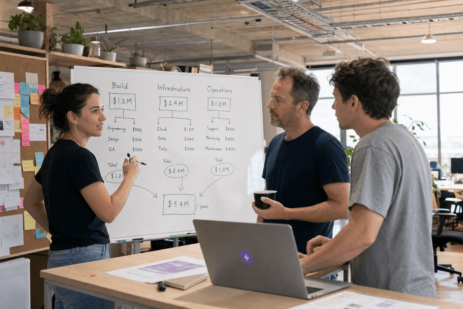 Three engineers — a woman and two men of varying ages — collaborate around a whiteboard covered in hand-drawn diagrams labelling AI cost categories: Build, Infrastructure, and Operations. The woman gestures at the board with a marker while her colleagues look on in a bright, daylit Australian tech office.