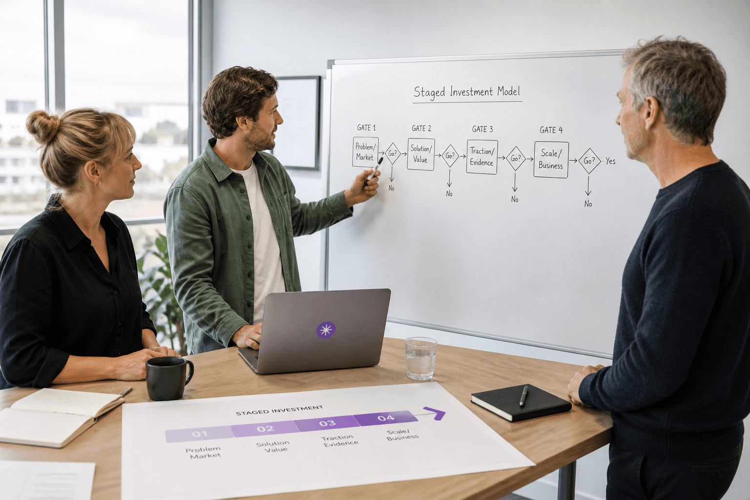 Three colleagues in a bright office discuss a printed staged-investment diagram at a standing desk, with a whiteboard sketch of decision gates visible behind them.