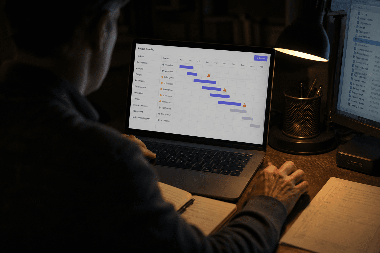 Over-the-shoulder view of a person at a laptop in a dimly lit office, screen glow lighting their face as they review a project timeline with warm desk lamp light nearby.