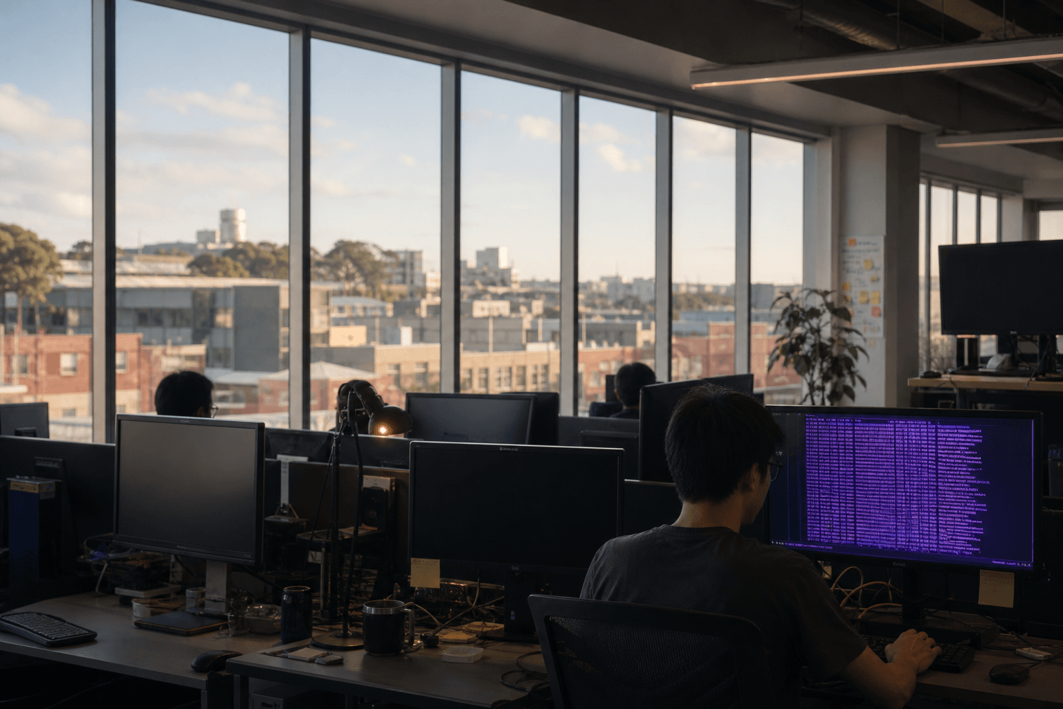 A young male developer sits at a terminal in a wide, daylit Australian open-plan office, one glowing monitor showing a streaming data log standing out as the single bright focal point across a long row of workstations silhouetted against morning window light.
