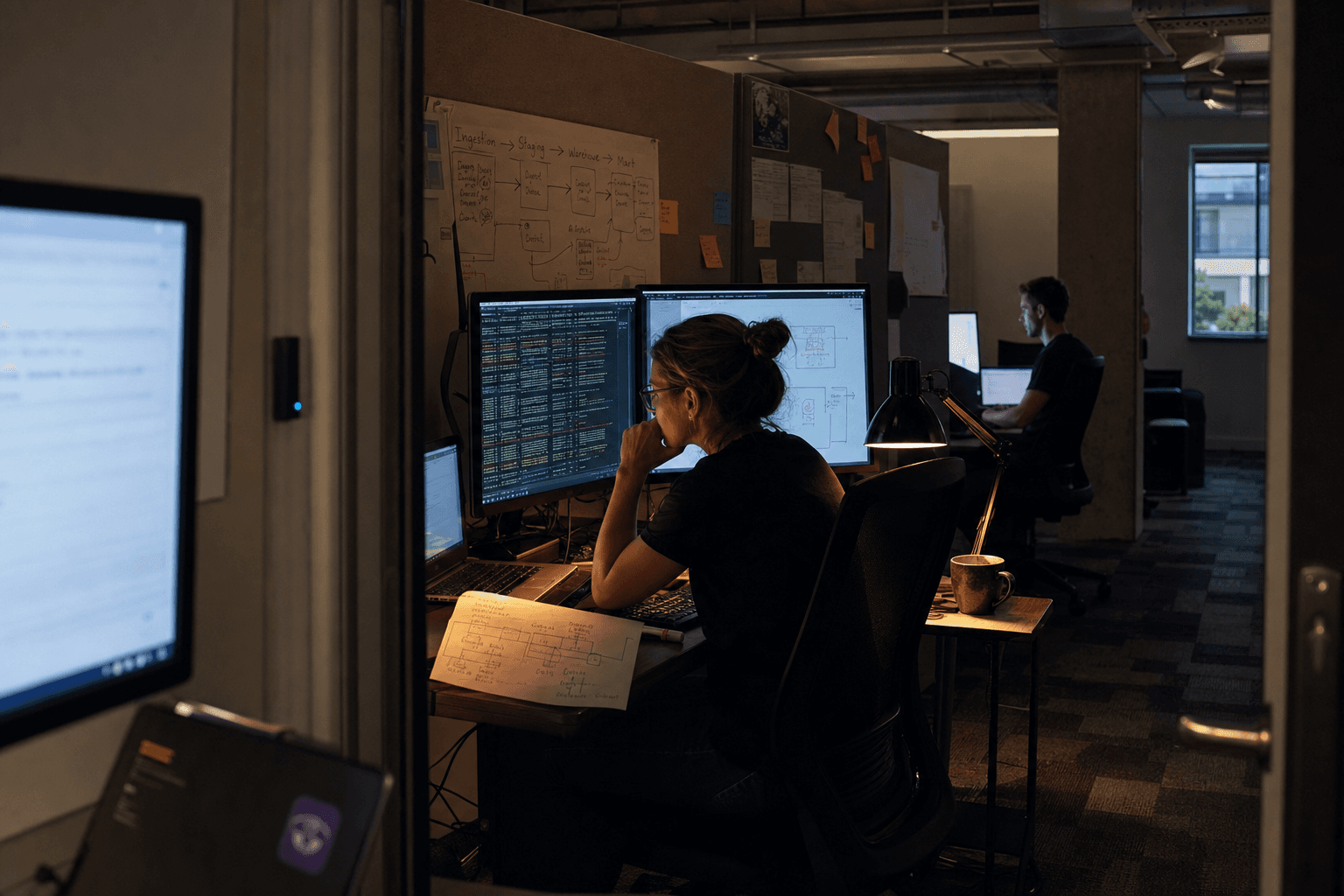 A female data engineer sits at a desk in a dark Australian office, her face lit by monitor glow showing scrolling terminal output, framed through an open doorway with a second engineer faintly visible at a workstation behind her, a printed pipeline diagram and coffee mug on her desk under warm lamp light.