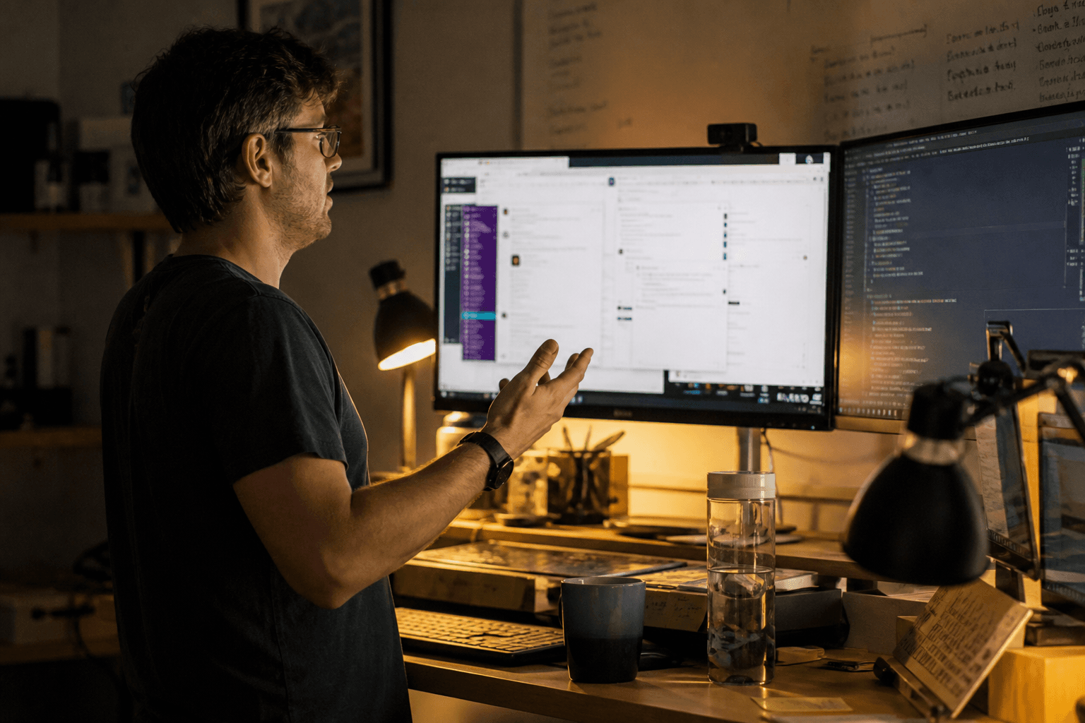 Side profile of a software engineer standing at a desk, lit by screen glow and a warm desk lamp, looking at two monitors filled with overlapping application windows in a dim office.