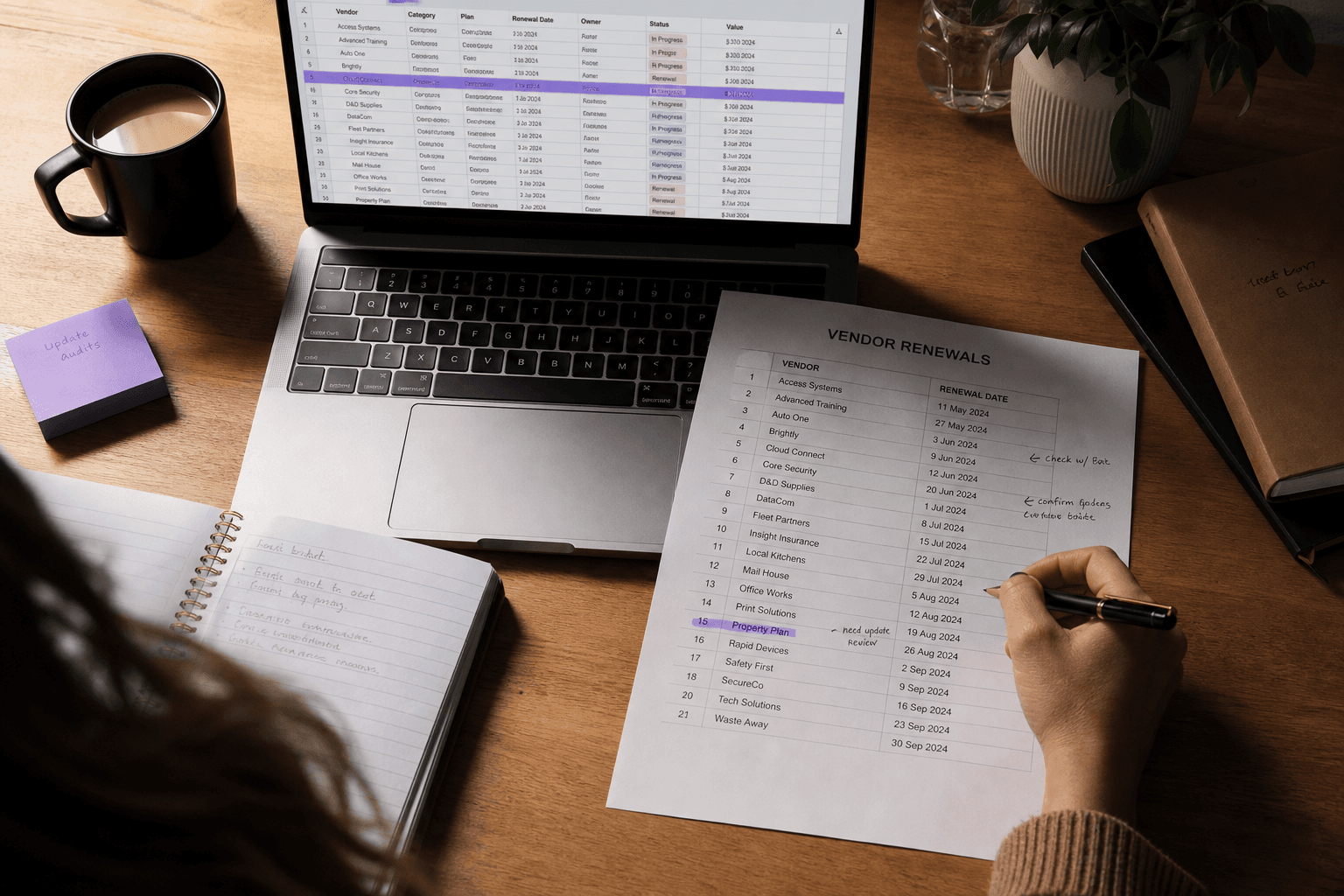 Overhead view of a desk with a laptop showing spreadsheet data, a printed vendor list being annotated by hand, sticky notes, and a coffee cup, lit in warm golden light.