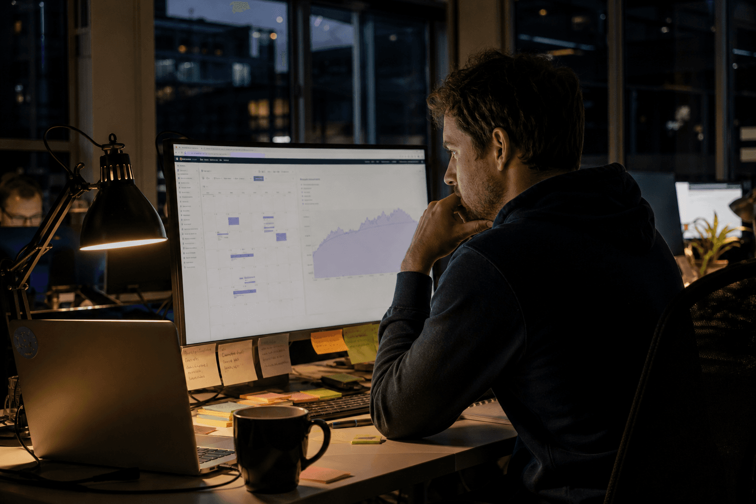 An engineer works alone at a dimly lit desk in the evening, illuminated by a warm desk lamp and screen glow, reviewing a forecast chart before a deadline.