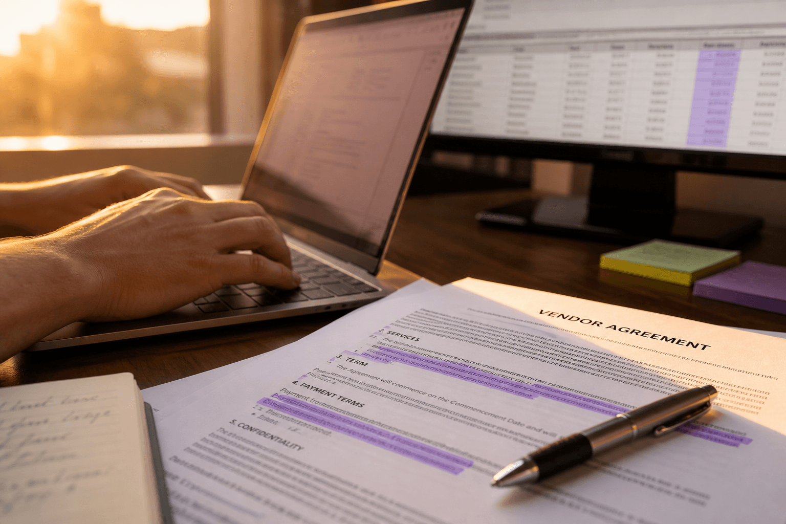 Close-up of hands typing on a laptop keyboard next to a printed contract with highlighted clauses, lit by warm late-afternoon light.