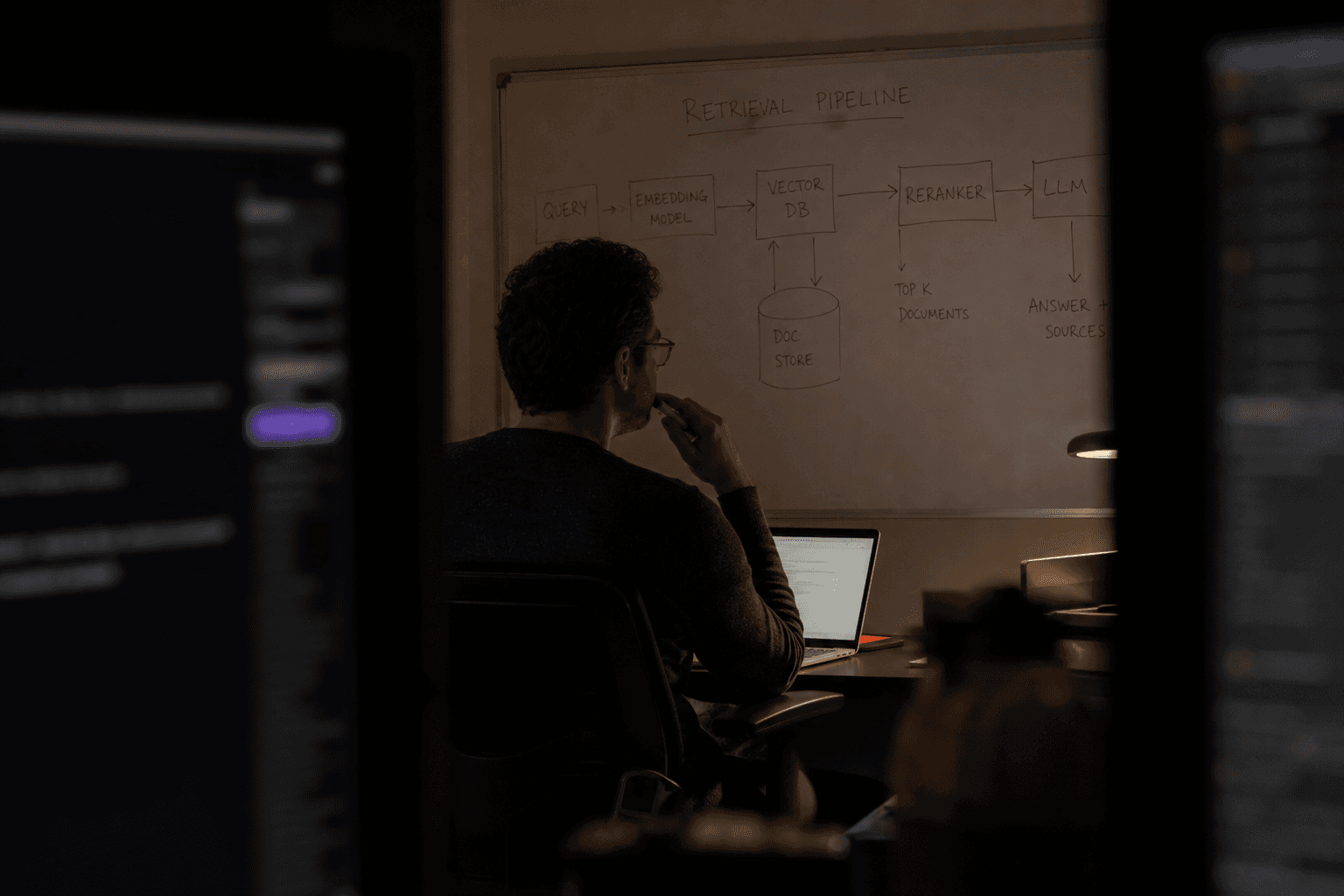 View through monitors into a dim office where a data engineer studies a whiteboard diagram, lit by computer screen glow and a warm desk lamp.