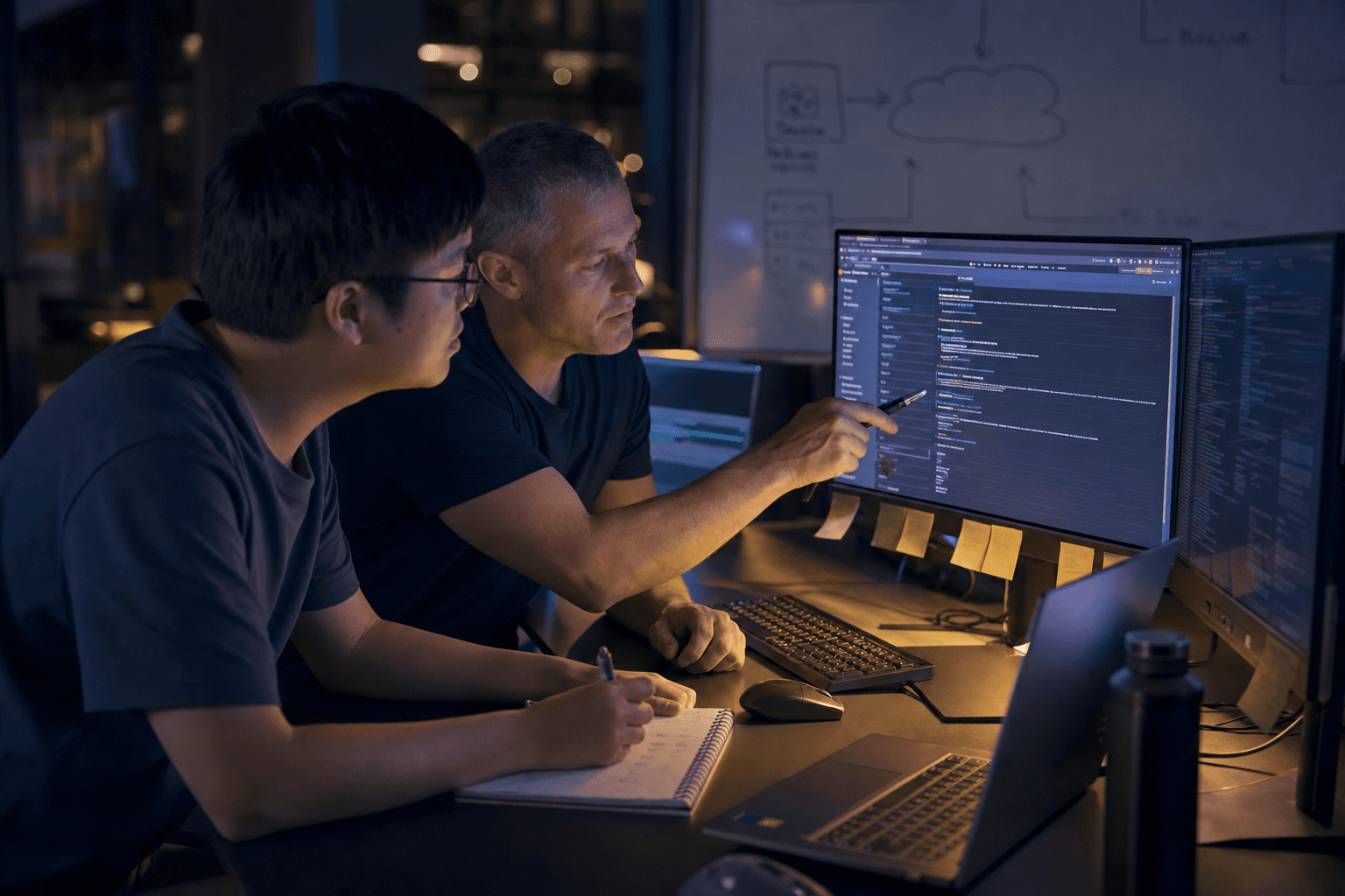 Two engineers sit together at adjacent desks in a dimly lit office, their faces illuminated by monitor glow as they review AWS configuration screens and take notes.