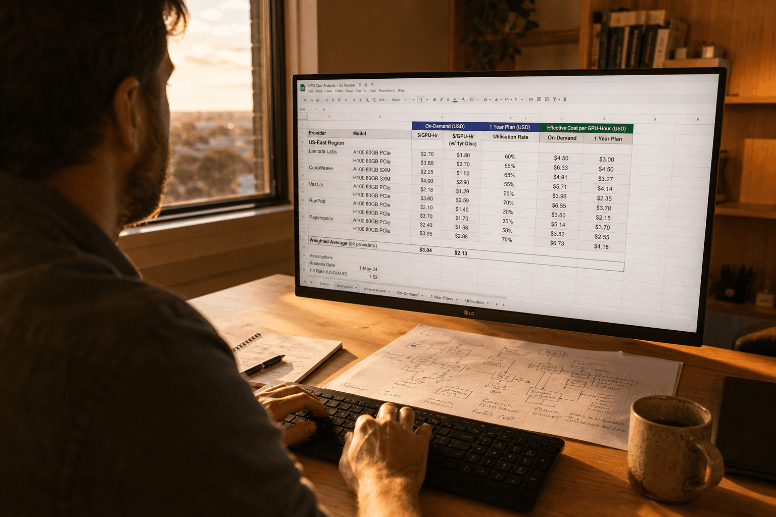 Over-the-shoulder view of an engineer studying a GPU cost comparison spreadsheet on their monitor, warm afternoon sunlight falling across their desk and a printed infrastructure diagram with handwritten notes.