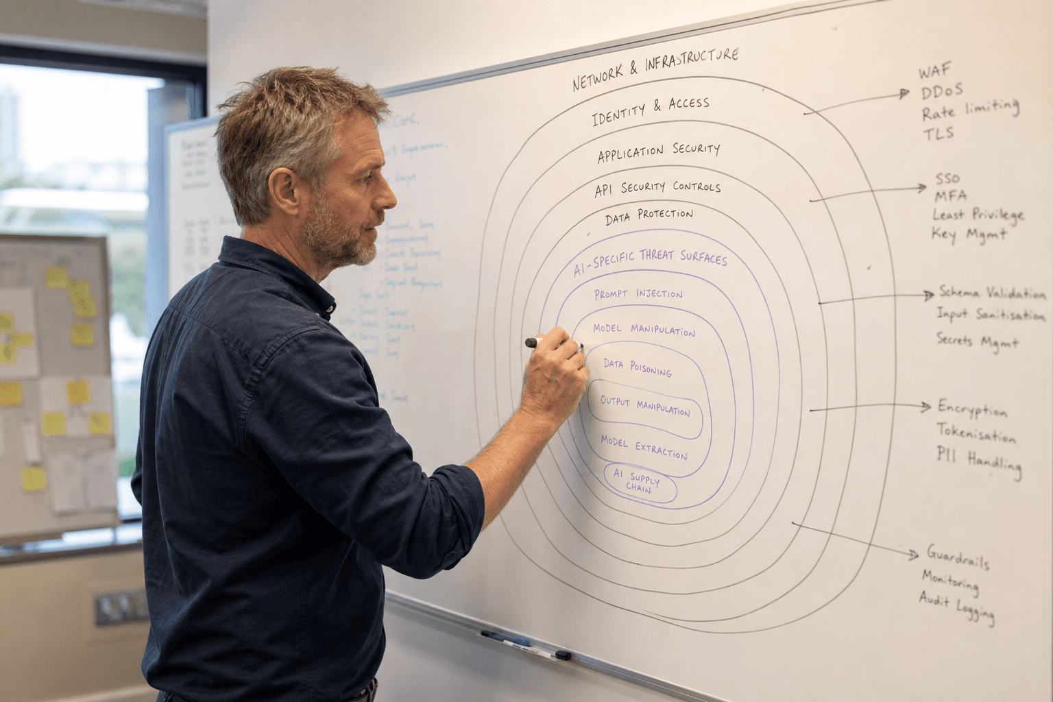 A male engineer draws layered concentric contour rings on a whiteboard in a softly lit Australian team room, mapping out security layers in dry-erase marker with violet accent lines.