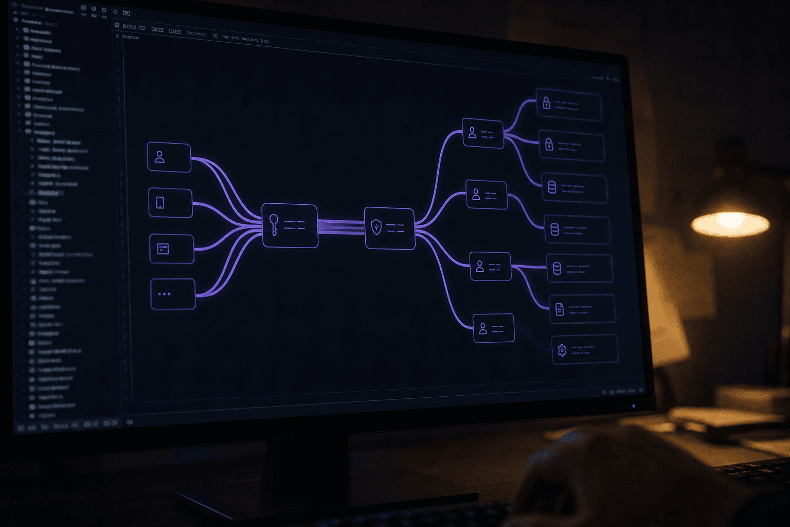 A close-up of a dark monitor screen displaying a sparse Sankey-style authentication flow diagram in violet and purple, with a developer's hand resting on a keyboard in soft foreground blur.