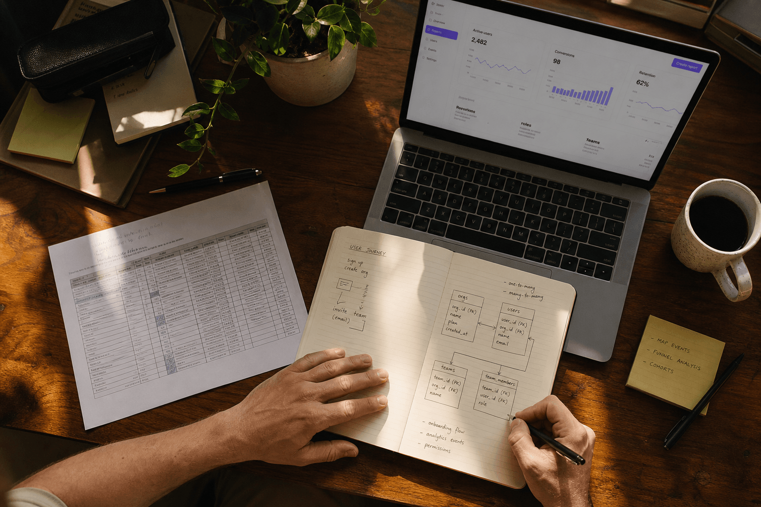An overhead view of a desk with a laptop showing a dashboard, a notebook with hand-drawn data diagrams, and hands annotating the notes in warm afternoon light.