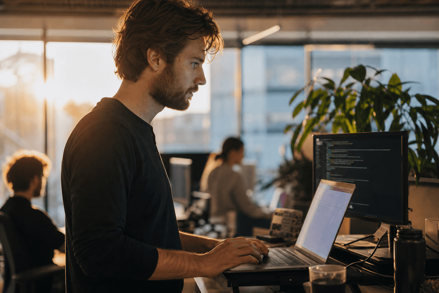 Side profile of a software developer typing on a laptop at a standing desk, lit by warm golden-hour window light in an open-plan office.