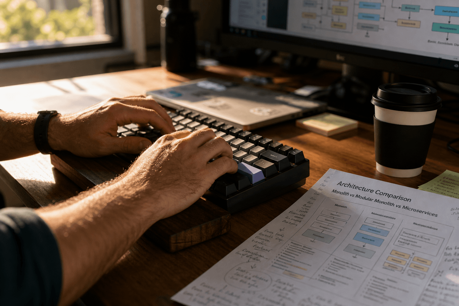 Close-up of a male engineer's hands resting on a mechanical keyboard on a warm timber desk, bathed in late-afternoon sunlight, with a printed technical document bearing handwritten notes visible nearby.