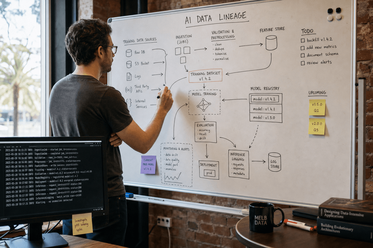 A data engineer stands at a whiteboard in an Australian office, pen raised, pointing to a hand-drawn data lineage diagram with orbiting arrows and labels, monitor and sticky notes arranged around them, lit by natural window light.