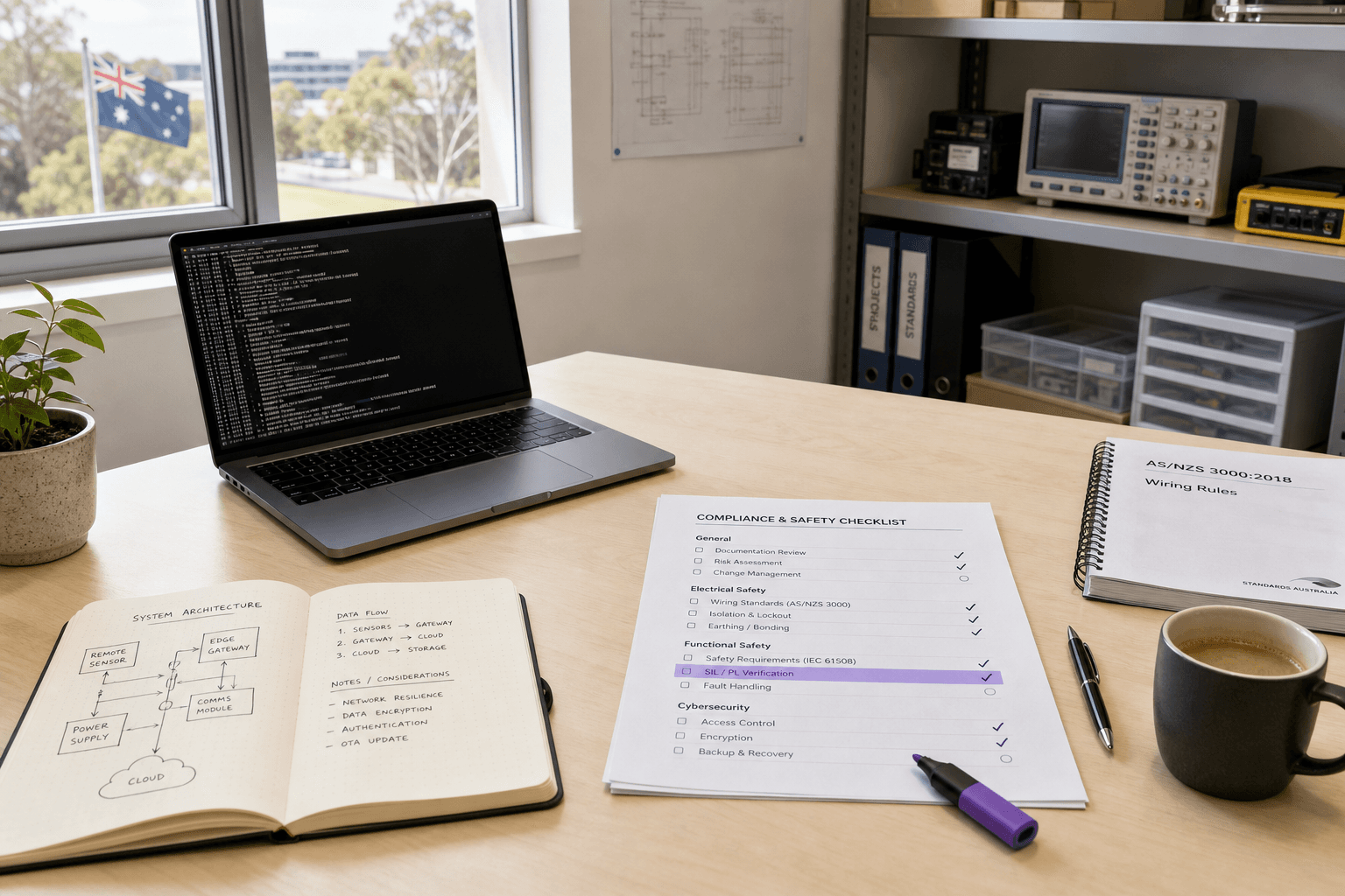 An isometric-style overhead view of an Australian engineer's desk with widely spaced objects — open laptop, printed compliance checklist, architecture notebook, coffee cup and plant — lit by broad office window light, with a purple pen accent visible among the items.