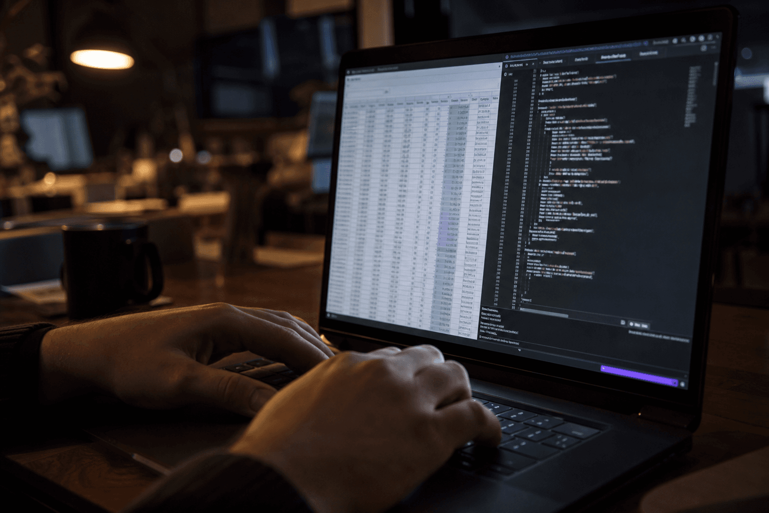 Close-up of hands typing on a keyboard at night, lit by a warm desk lamp and screen glow, with a laptop showing spreadsheet and code-like windows in a dim office.