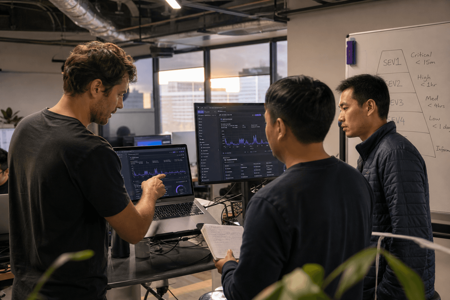 Three engineers gather around standing desks in a warmly lit office, discussing an incident while looking at a laptop showing alert graphs, with a whiteboard sketch visible behind them.