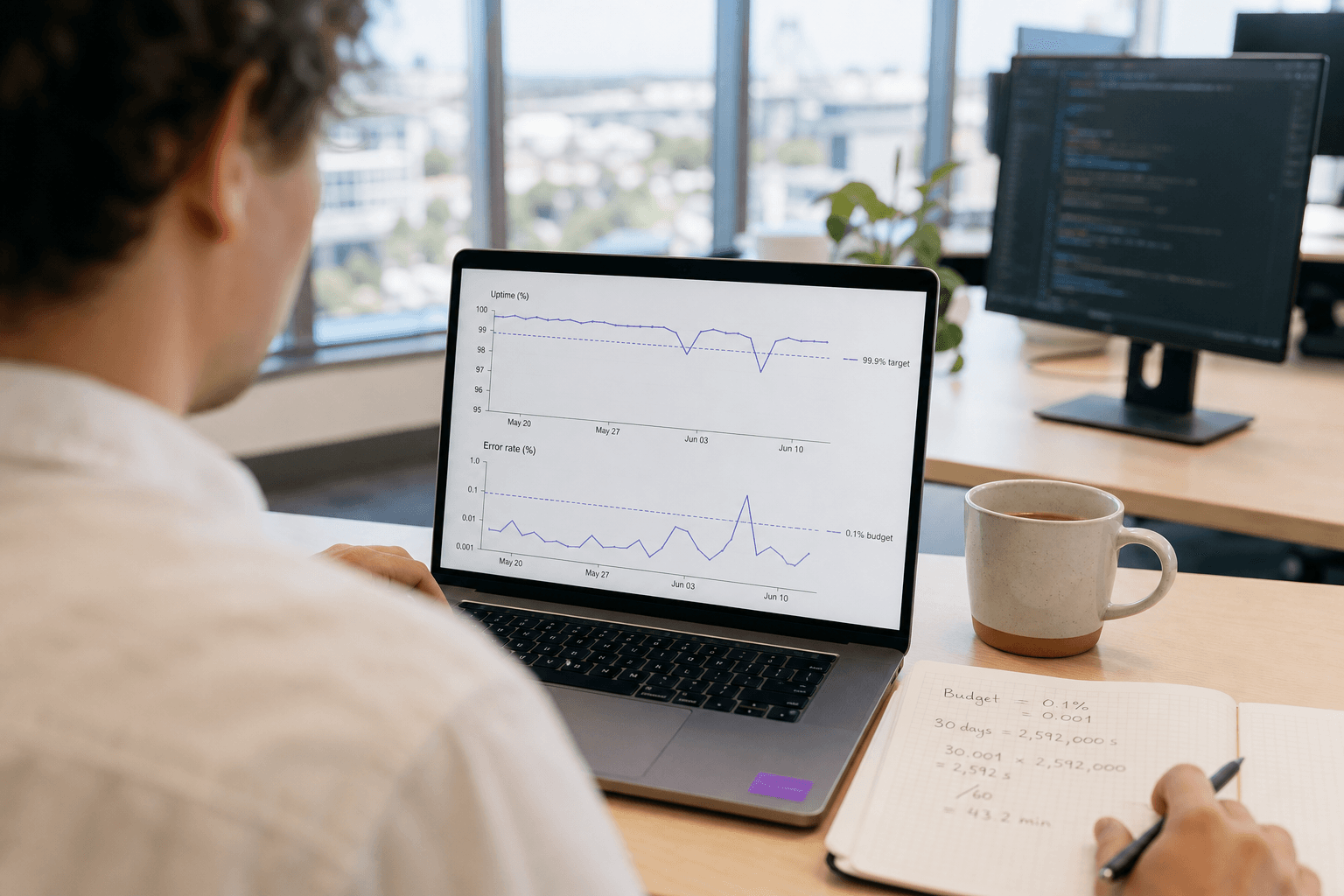Over-the-shoulder view of an engineer at a bright, window-lit desk looking at a laptop screen showing a simple line graph representing system reliability, with a notebook and coffee cup nearby.