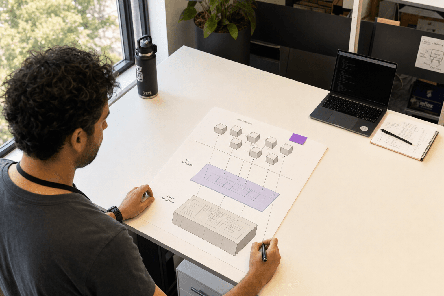 A developer examines a printed exploded architecture diagram on a bright desk showing layered legacy and new-service components, with a violet sticky note marking the services layer, in an Australian engineering office.