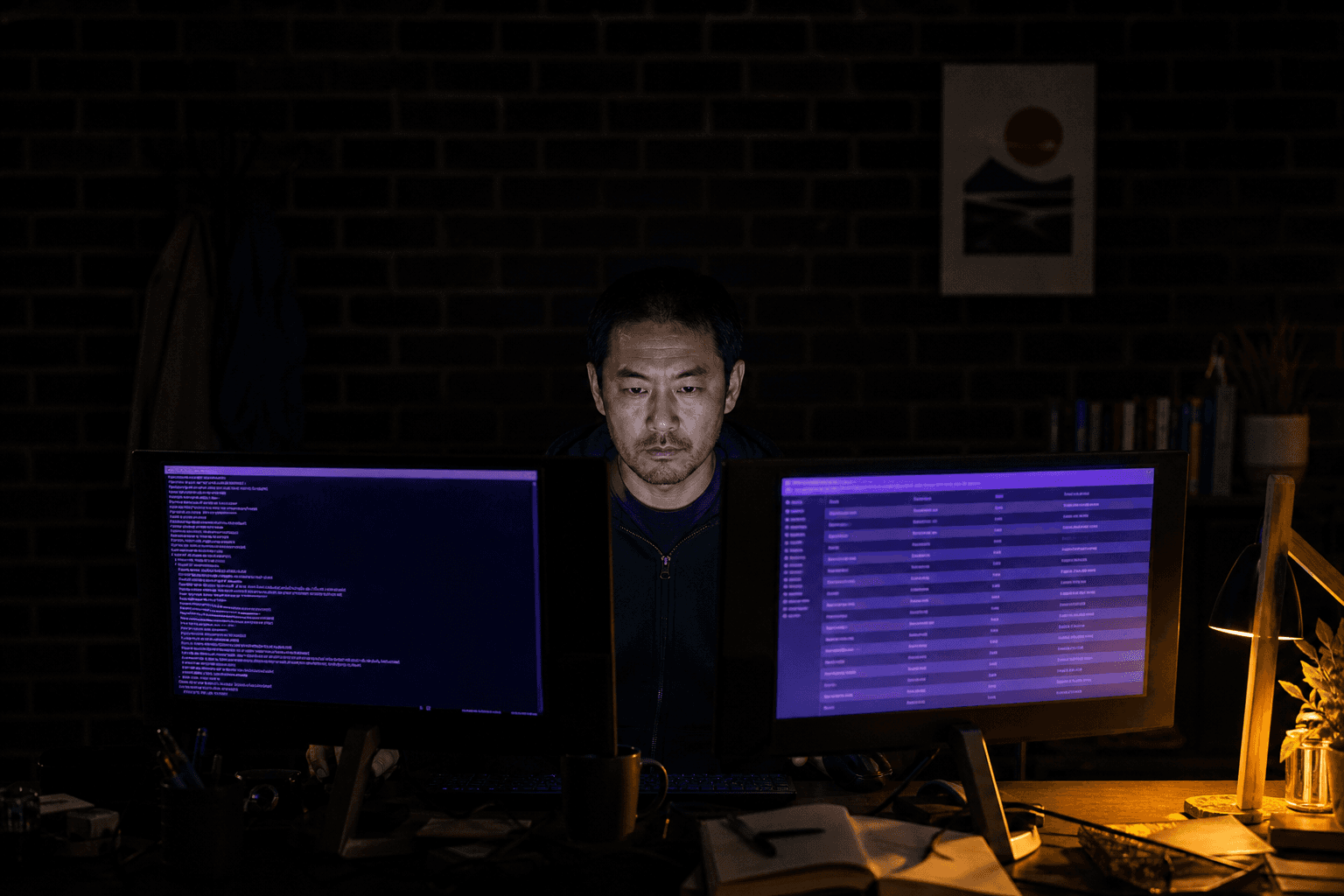 A data engineer sits facing dual monitors in a dark Australian tech office, his face lit by violet and purple screen glow, with a deep charcoal background and a warm desk lamp accent in the corner.