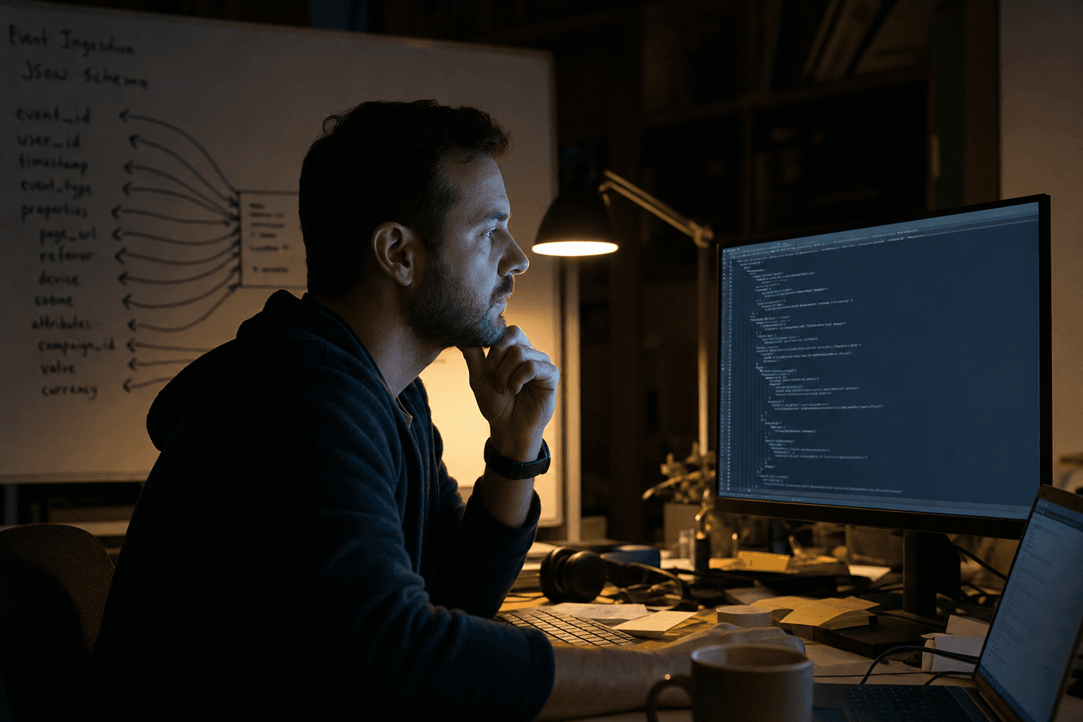 A software engineer viewed from the side, face lit by monitor glow showing JSON schema code, working at a dimly lit desk in an Australian engineering office at night.