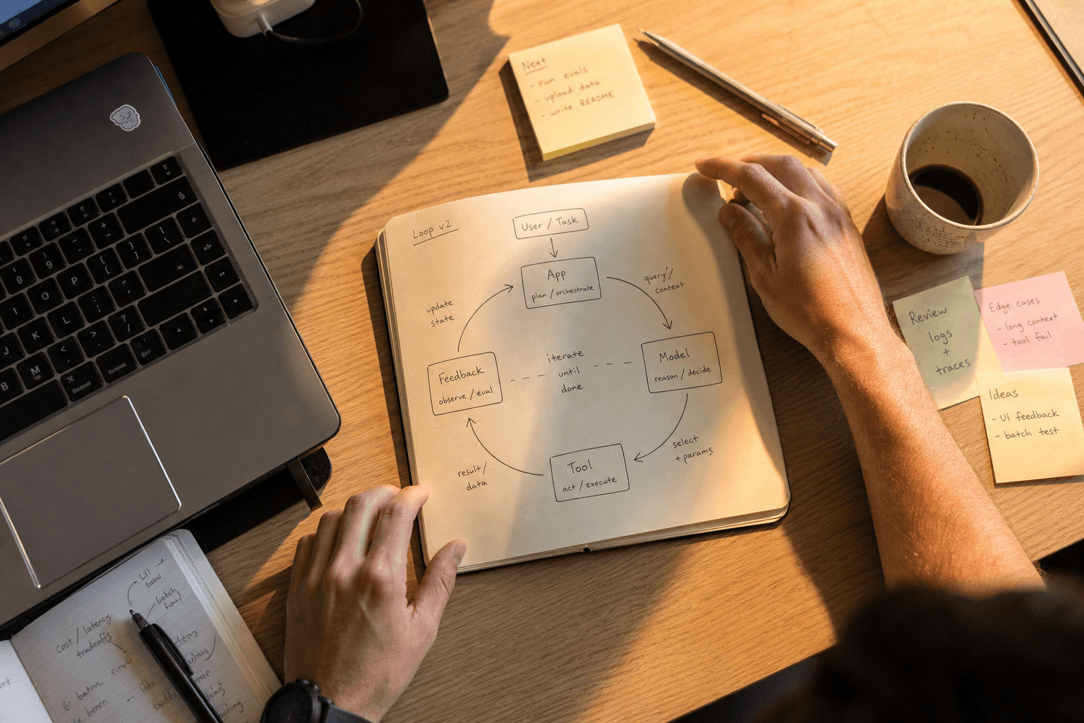 Overhead view of an engineering desk with a hand-drawn tool-calling loop diagram in a notebook, surrounded by a laptop, coffee cup, and sticky notes, bathed in warm golden-hour window light.