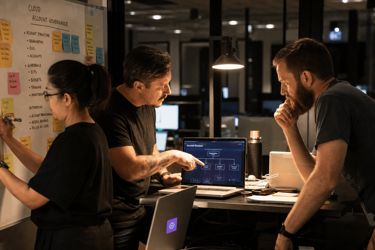 Three engineers collaborating at a standing desk in a dimly lit office, discussing a cloud account structure diagram on a laptop screen, lit mainly by screen glow and a warm desk lamp.