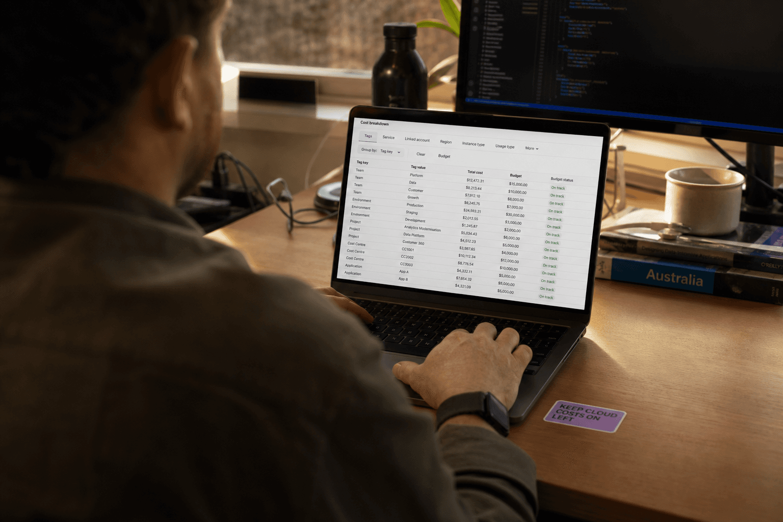 Over-the-shoulder view of a person at a laptop displaying a table of cost and tagging data, lit by warm golden-hour light with the screen as the bright focal point.