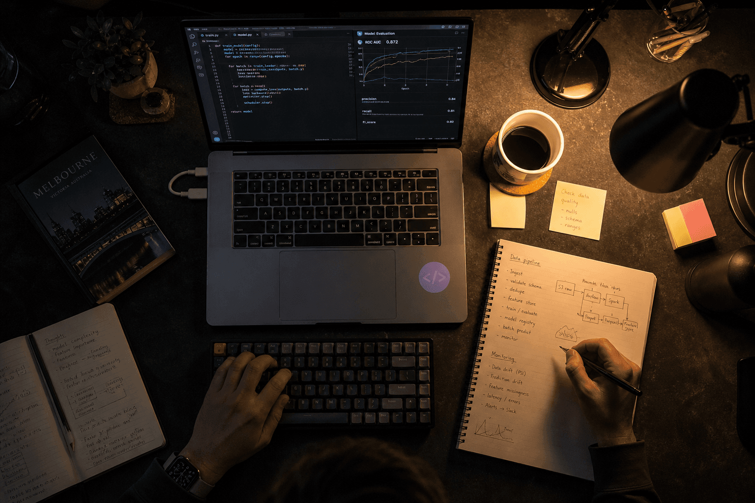 Overhead night-time view of a desk with a laptop showing code and metric charts, a handwritten notebook, coffee mug and sticky notes, lit by a warm desk lamp and cool screen glow.