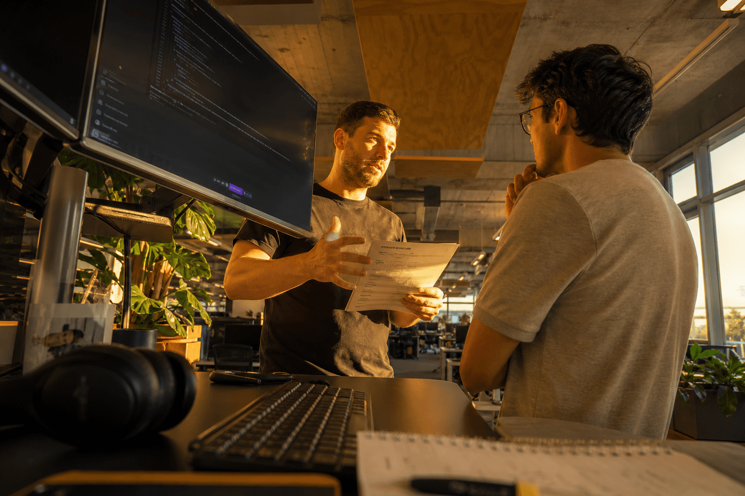 Low-angle view past a keyboard and dual monitors toward two people in conversation, one holding a printed scorecard, lit by warm golden afternoon light in an open-plan office.