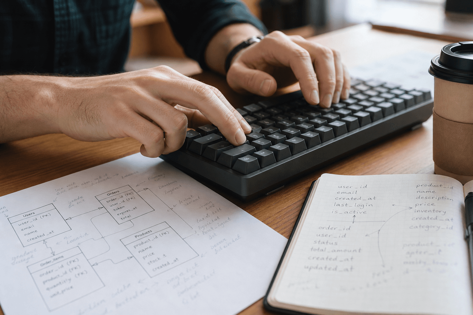 Close-up of a developer's hands on a mechanical keyboard, with a printed and hand-annotated schema diagram and an open notebook beside it on a sunlit desk, shot in shallow depth of field.
