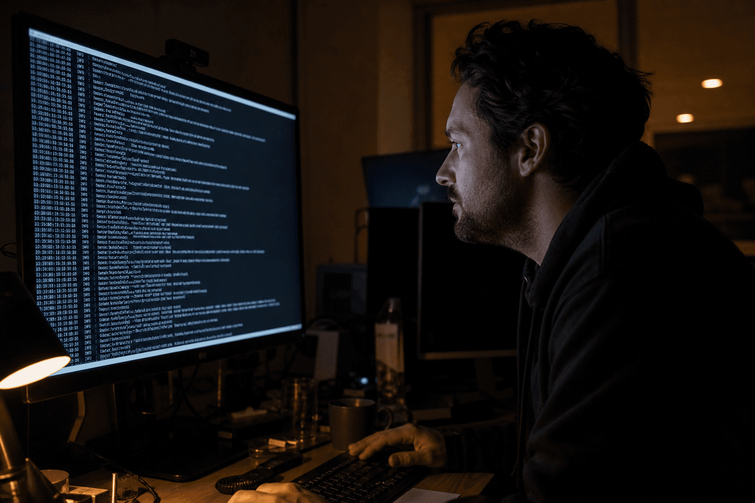 A male data engineer sits in side profile in a darkened office, his face lit by the cool glow of a terminal session on a large monitor, a warm task lamp burning at the edge of the desk behind him, caught in a candid unposed moment of troubleshooting.