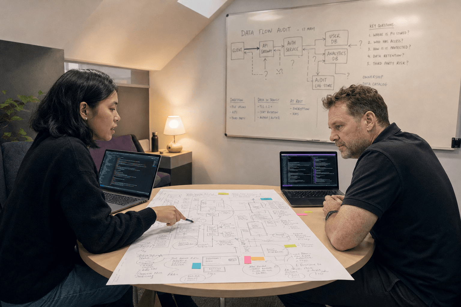 Two engineers review a large printed architecture diagram covered in handwritten annotations at a round table in an Australian office nook, with laptops open and a whiteboard showing a data flow audit sketch visible behind them.
