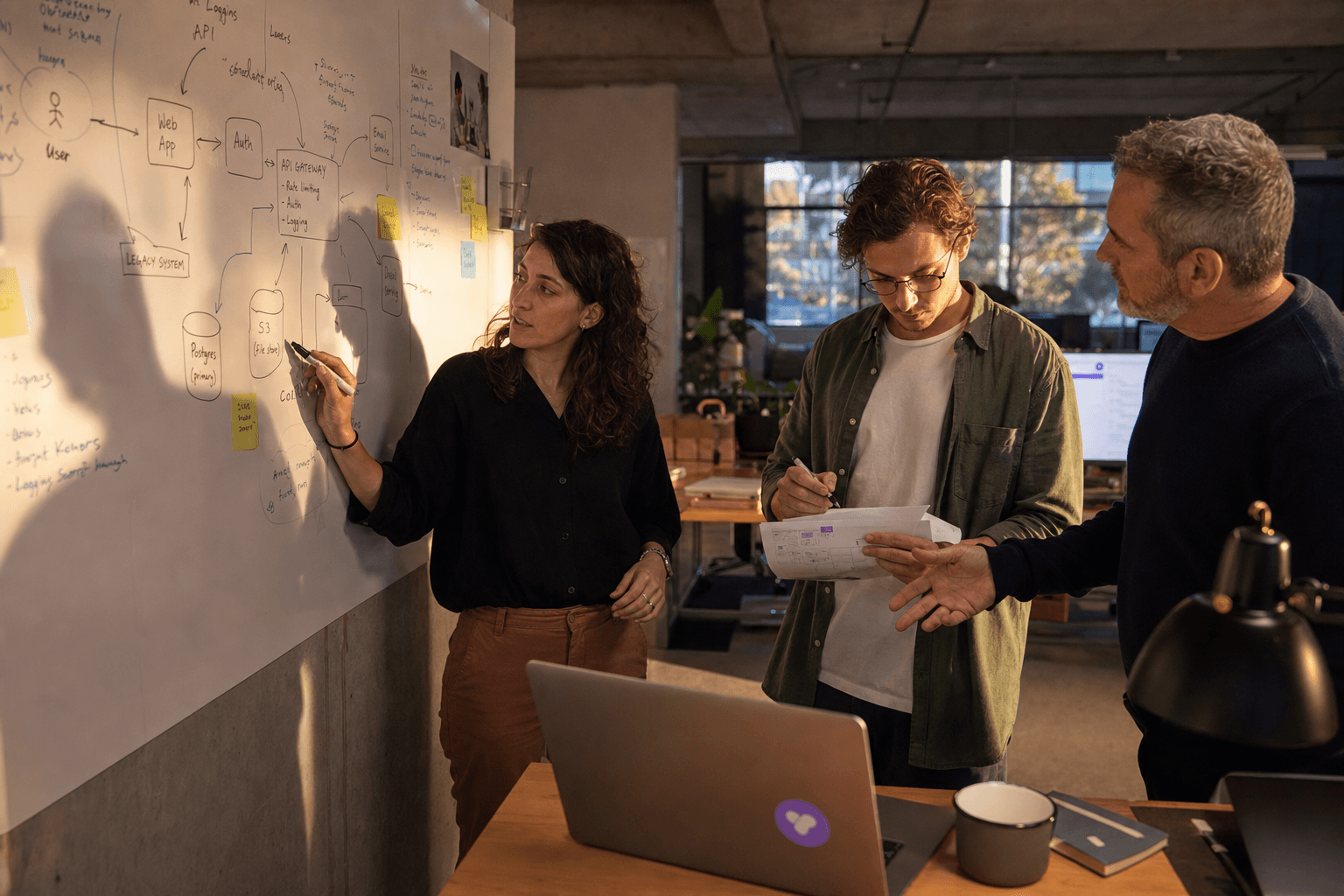 Two engineers and an analyst collaborate around a whiteboard covered in architecture diagrams and sticky notes in a warm Australian tech office, with golden-hour afternoon light illuminating the whiteboard and their faces.