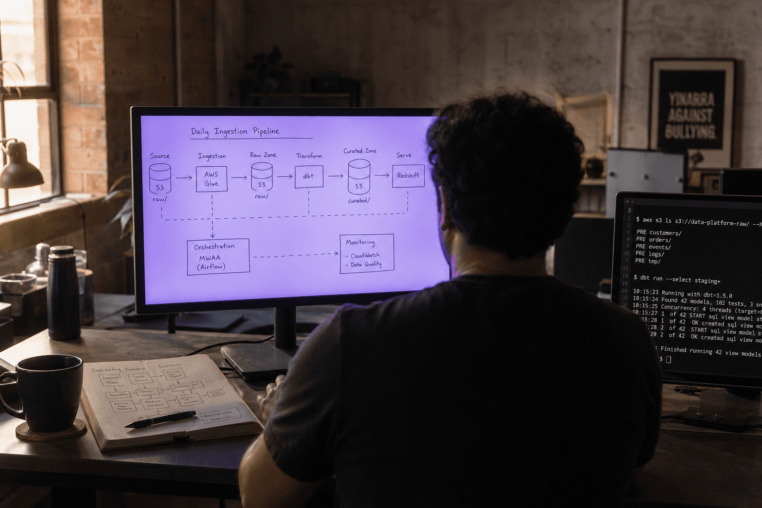 A data engineer viewed straight-on at a wide desk, centred in the frame, with a large monitor showing a whiteboard-style pipeline diagram bathed in soft violet screen glow, a notebook with hand-drawn schemas and a coffee cup on the desk, in a warm Australian office environment.
