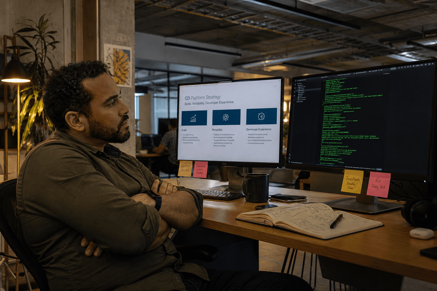 A male software architect sits at a dual-monitor desk in a real tech office, looking frustrated at the disconnect between a business strategy slide on one screen and a code terminal on the other.
