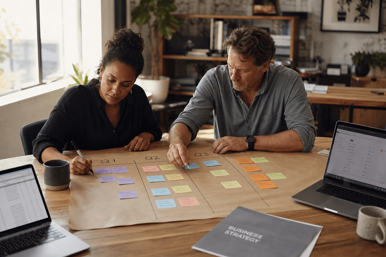 A Black Australian woman and an older white man sit side by side at a long desk, sketching a 12-month technology roadmap on rolled-out brown paper with sticky notes arranged in quarterly columns.