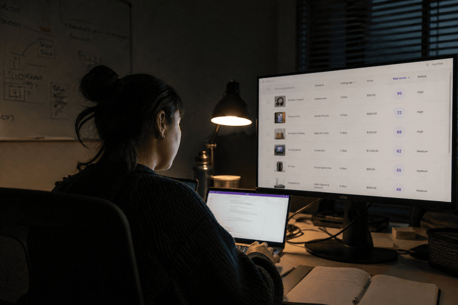 Over-the-shoulder view of an analyst at a dimly lit desk reviewing rows of flagged listing thumbnails and risk scores on a monitor, lit by screen glow and a desk lamp.