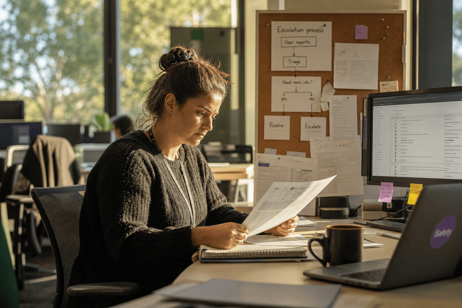 A reviewer sits at a desk in warm late-afternoon light, reading a printed case file next to a monitor, with sticky notes and process reminders pinned on a corkboard behind them.