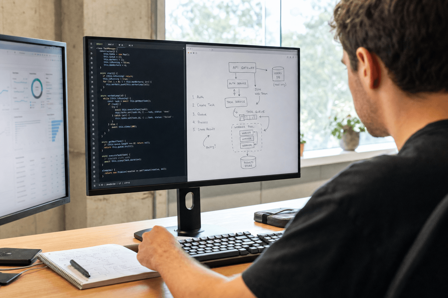 Over-the-shoulder view past an engineer's shoulder toward a large monitor displaying terminal code and a hand-annotated system diagram, in bright natural daylight flooding through an office window with a notebook and keyboard on the desk.